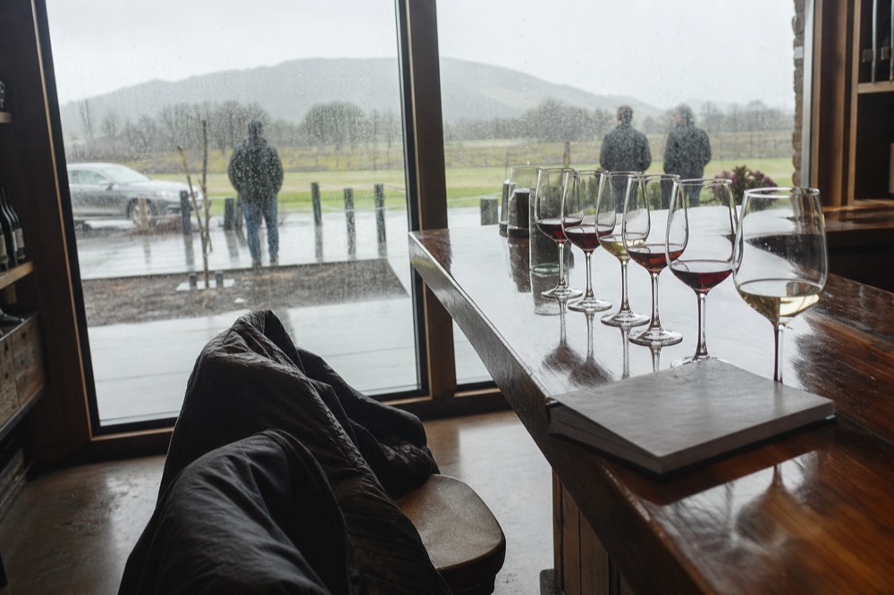 A winery tasting counter in the Willamette Valley with flight glasses and a reservation book