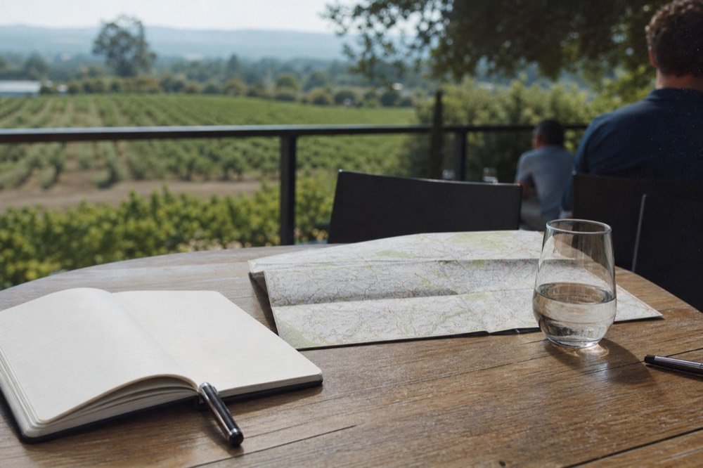 A traveler's notebook and map open on a winery terrace table