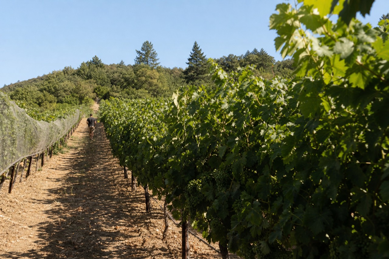 Vineyard rows on a Willamette Valley hillside in late summer