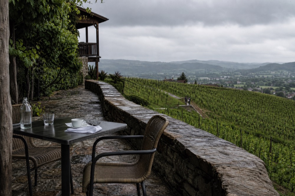 Rolling vineyard slopes with a tasting room terrace overlooking the valley