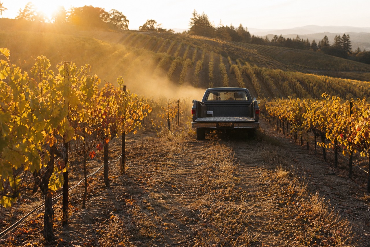 Vineyard rows on a Willamette Valley hillside at golden hour