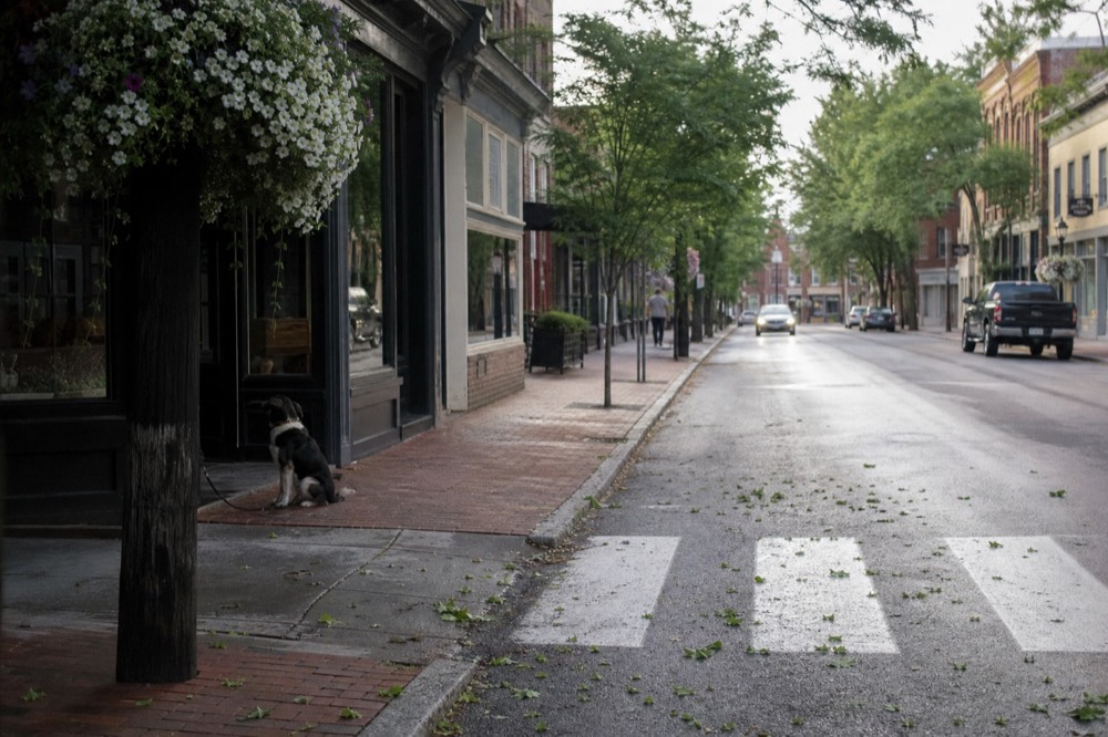 A quiet main street in a small Oregon wine town with tasting room storefronts