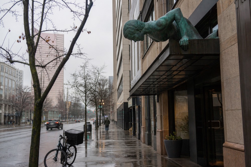 Portlandia statue above building entrance