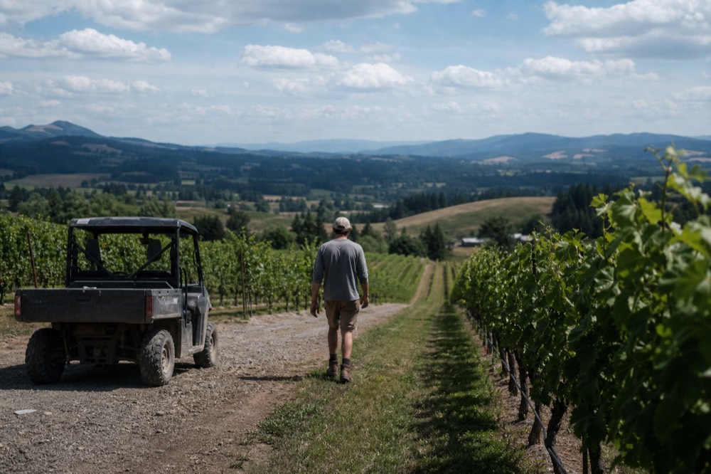 Willamette Valley vineyard rows with rolling hills