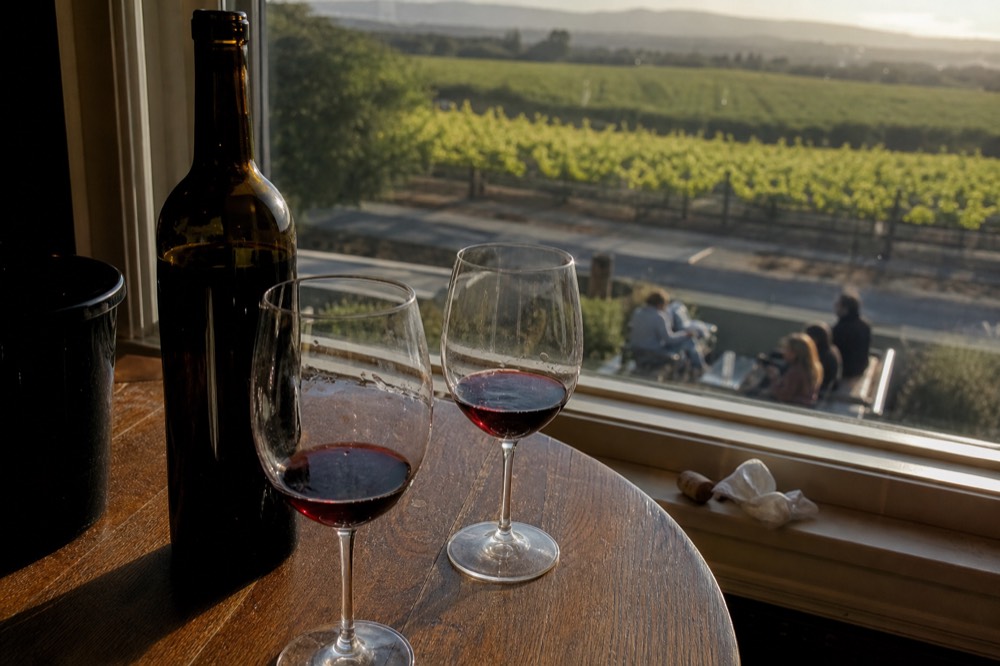 Wine glasses on a tasting room table overlooking vineyards