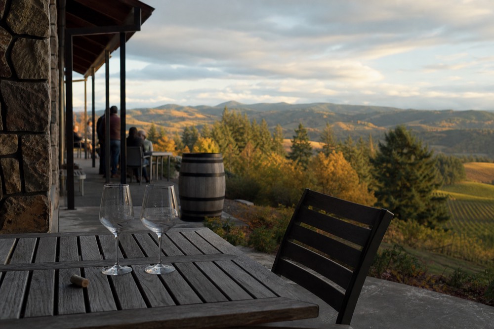 Tasting room patio overlooking the Chehalem Mountains