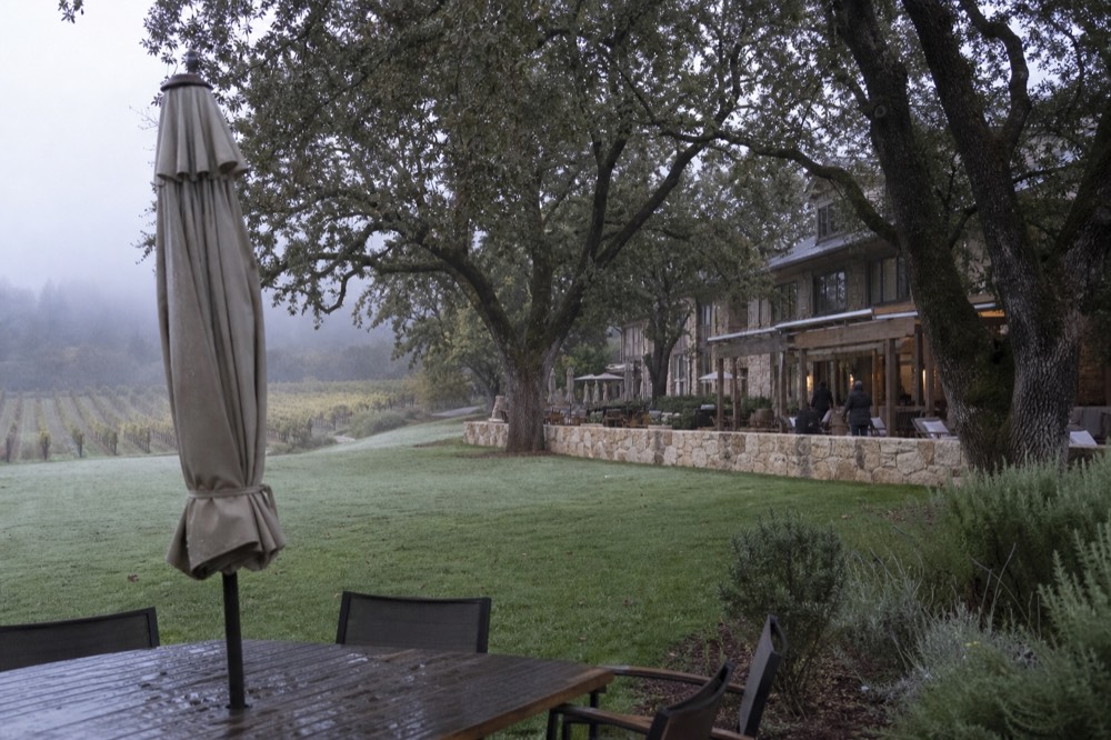 Lawn and trees in front of a lodge-style hotel at the edge of vineyards