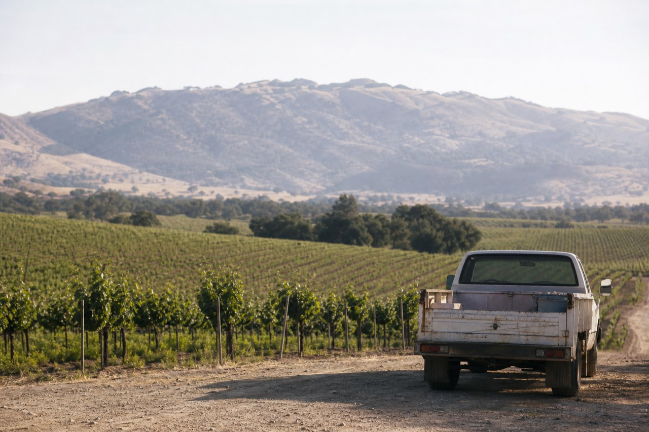 Vineyard rows rolling toward a low coastal-range ridge in Willamette Valley wine country