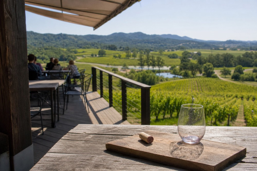 A hillside winery tasting room overlooking vineyard rows in the Dundee Hills
