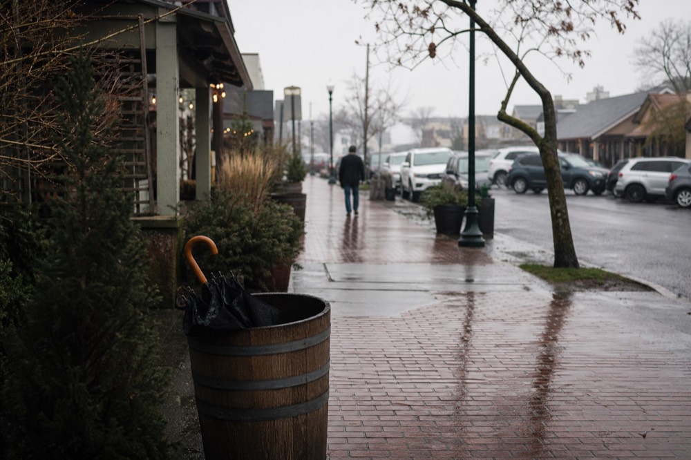 A small-town tasting room street in the Yamhill-Carlton wine country