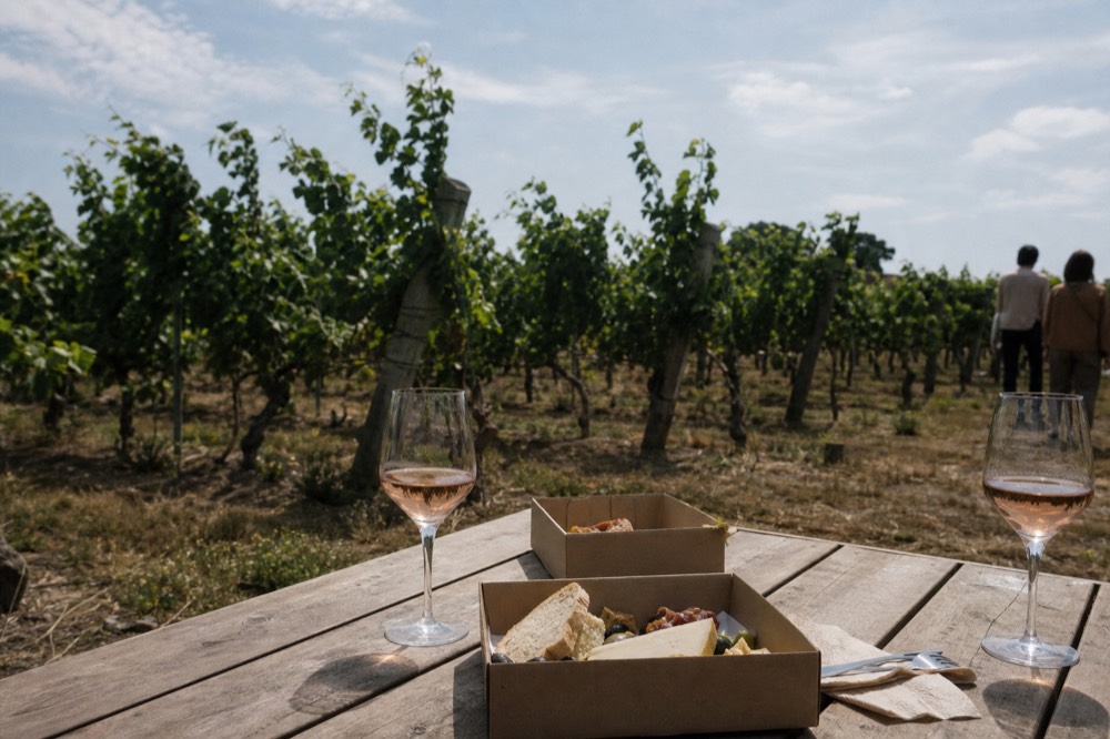 A picnic table with a boxed lunch and wine glasses set among vineyards at midday